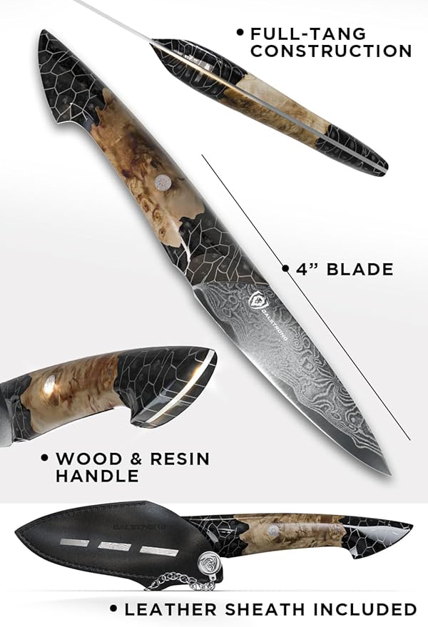 Dalstrong Paring Knife With Cover- 4”-Scorpion Series - Venom Edition - Japanese Steel Chef Knife - Spiral Sandstorm Blade Pattern - Black Honeycomb Resin Handle - w/Leather Sheath