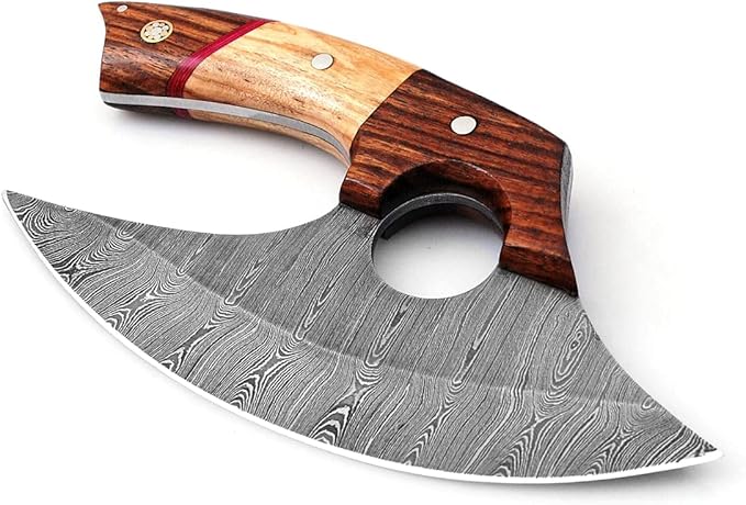 Bushcraft Custom Handmade Damascus Steel Ulu Knife - Alaskan Ulu Knife With Sheath - Multi-Purpose Alloy Steel Knife For Skinning, Hunting, Chopping, (Rose Wood & Olive)