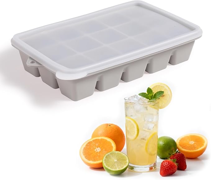 Silicone Ice Cube Trays with Lid, Set of 4, Easy Release Ice Molds, Reusable and Stackable Ice Trays for Freezer for Cocktail, Whiskey, Baby Food, BPA Free (gray)