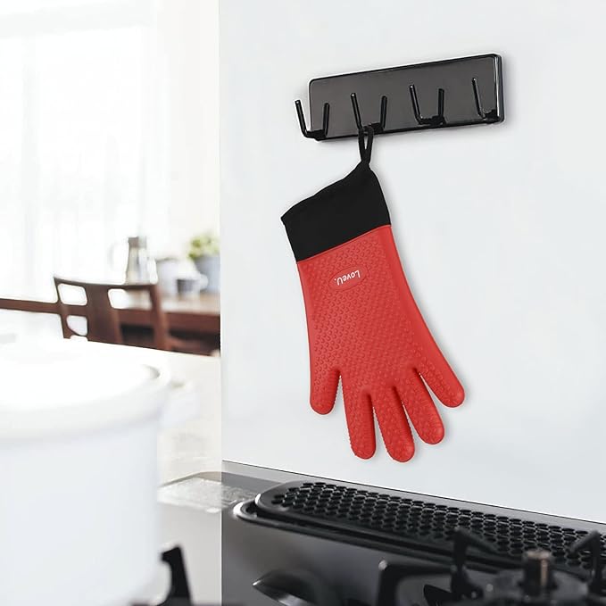 Kitchen Oven Gloves - Dual-Layer Heat Resistant Grilling Gloves, Silicone Oven Mitts with 5 Fingers, Waterproof Non-Slip Pot Holder for Barbecue, Cooking, Baking (Red, Long)
