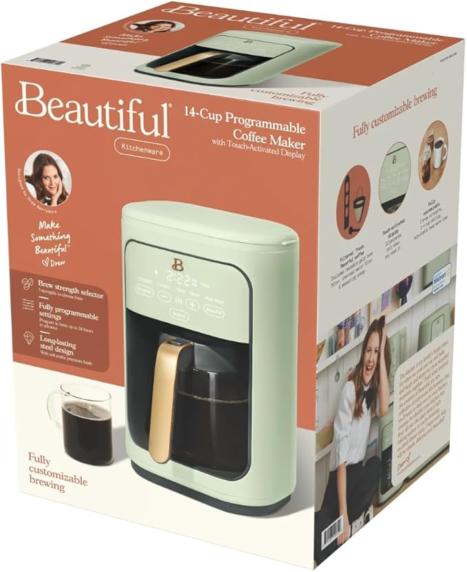 Beautiful by Drew Barrymore 14-Cup Programmable Drip Coffee Maker, Touch-Activated Display, Fast 14-Min Brew, Bold Strength, Keep Warm 4hrs, Gold Filter (Sage Green)