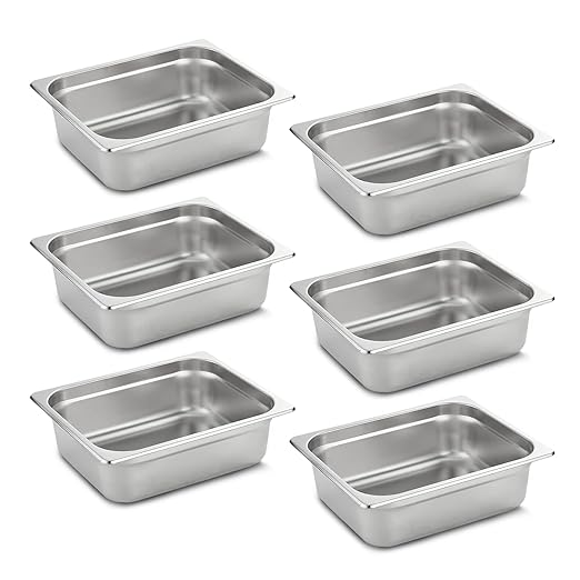 1/2 Hotel Pans 4 Inch Deep Stainless Steel Food Pan - Anti-Jam 6 Pack Steam Table Pan Set for Catering, Buffet Use, Kitchen Prep