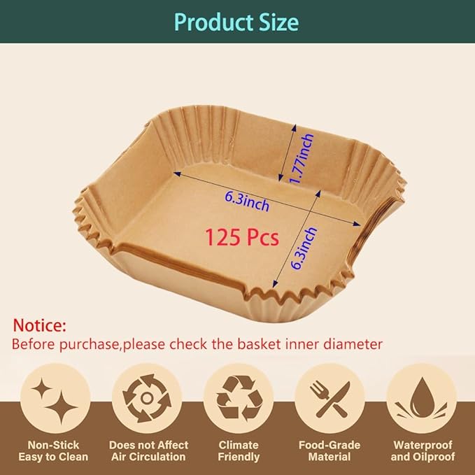 parchment paper for air fryer, 6.3inch square air fryer liners disposable,125PCS Non-stick parchment paper sheets for 3-5QT airfryer liners, Baking, Roasting Microwave