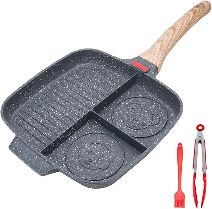 Sectional Skillet, Grill Pans for Stove Tops Nonstick 3 Section Breakfast Pan Meal Skillet Griddle Divided Pan, with Silicone Brush & Clip, 10.5”