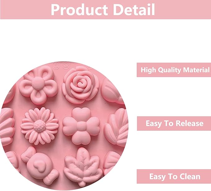 Silicone Molds Candy Flower Shape Chocolate Candy Molds, 18 Cavity Flower Silicone Molds Rose Chocolate Mold Ice Cube Tray for Jello Pudding Candle Soap Wax Melts DIY Crafts 2PCS, Pink