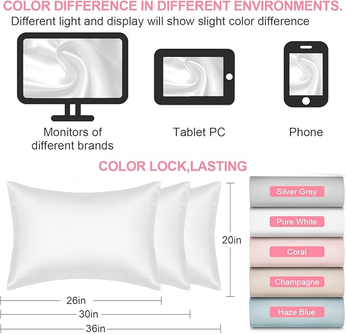 Mulberry Silk Pillow Cases Queen Size with Hidden Zipper, Ultra Smooth and Soft Breathable Cooling Silk Satin Pillowcase for Hair and Skin, Gifts for Women Men (Pure White, 20x30 Inches, 1 Pack)