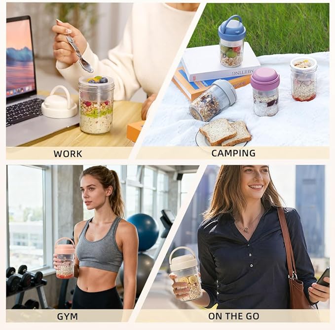 4 Pack Overnight Oats Containers with Lids and Handles, Folding Spoons & Divided Compartments for Fruit & Nuts, 16oz Glass Mason Jars for Oatmeal, Meal Prep & Breakfast (Black/Deep-Blue/Cream/Purple)