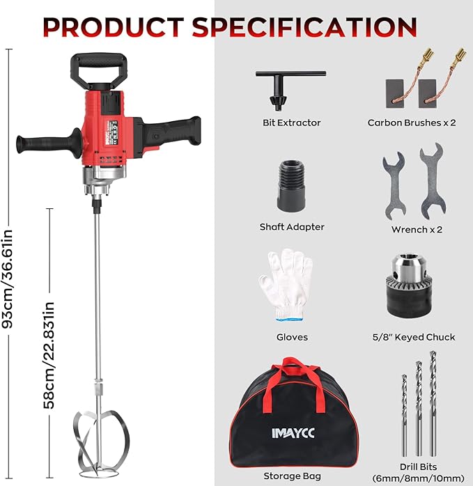 IMAYCC Drill Mixer,3200W 20A Concrete Mixer for Drill, 110V Corded Variable Speeds Cement Mixer, Mixing Drill for Mud,Motar,Paint, Grout, Plaster, Thinset