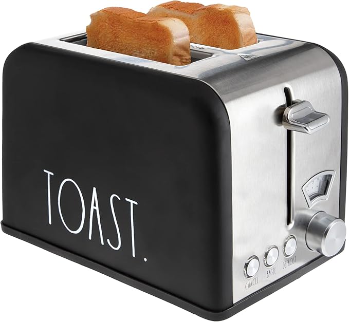 Rae Dunn Toaster, Stainless Steel 2 Slice Square Toaster, Wide Slot with 5 Browning Levels, with Bagel, Defrost and Cancel Options (Black)