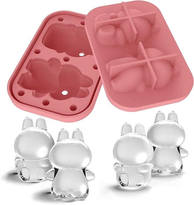 3D Rabbit Shapes Ice Cube Mold Silicone Large Ice Cube Molds 2.5 inch Animal Ice Cube Tray for Cocktails, Bourbon,Brandy, Whiskey Gifts for Men (Pink)