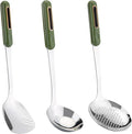 FJNATINH Wok Spatula and Ladle Skimmer Spoon - Stainless Steel Cooking Utensils Set of 3,Kitchen Wok Utensils Set,Green Handle