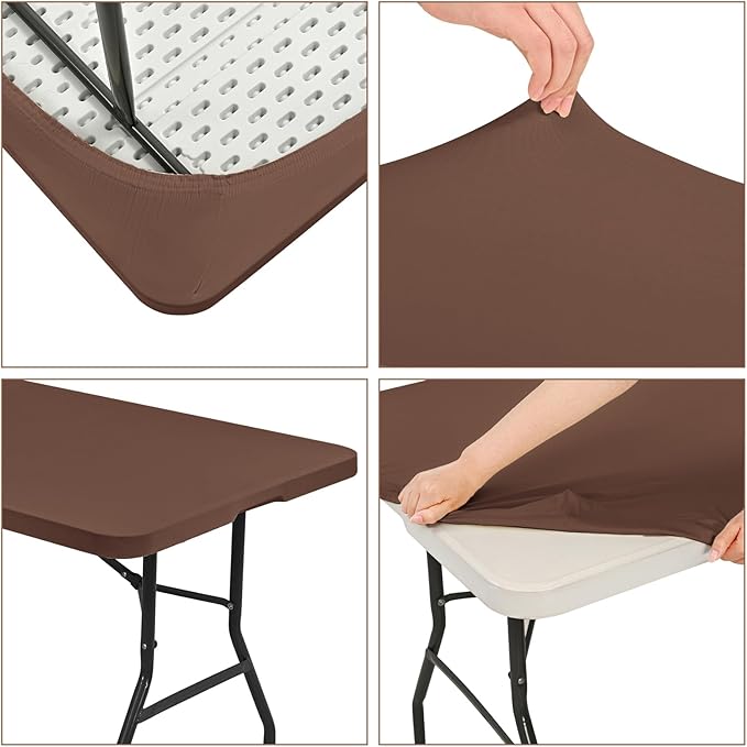6 Pack Stretch Fabric Table Top Cap Cover, fits 6' Tables, Spandex Table Covers Washable Elastic Rectangle Tablecloth Protector for Indoor Outdoor Party Picnic Wedding, Coffee, 30" W x 72" L