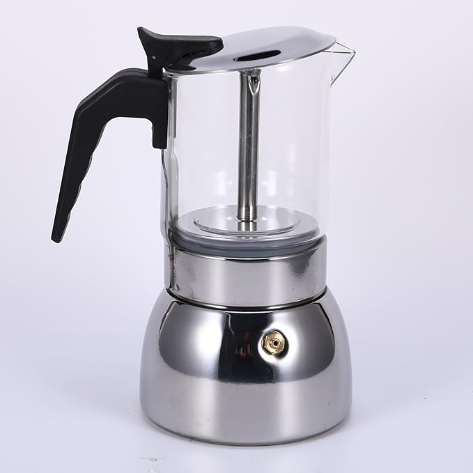 Stovetop Espresso Maker, 4Cup 200ML Stainless Steel Stovetop Italian Coffee Maker Transparent Glass Moka Pot, Coffee Maker Mocha Pot for Home Cafe Outdoor Office
