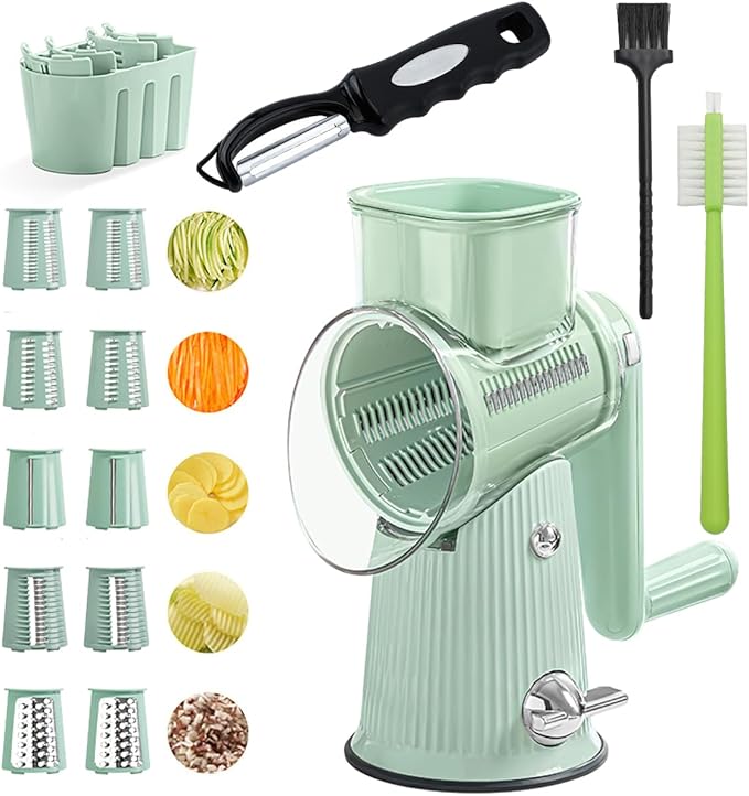 5 in 1 Rotary Cheese Grater Hand Crank, Replaceable Stainless Blades Cheese Shredder, Strong Suction Base Vegetable chopper Slicer with Cleaning Brush Peeler & Bonus Storage Box for Blades