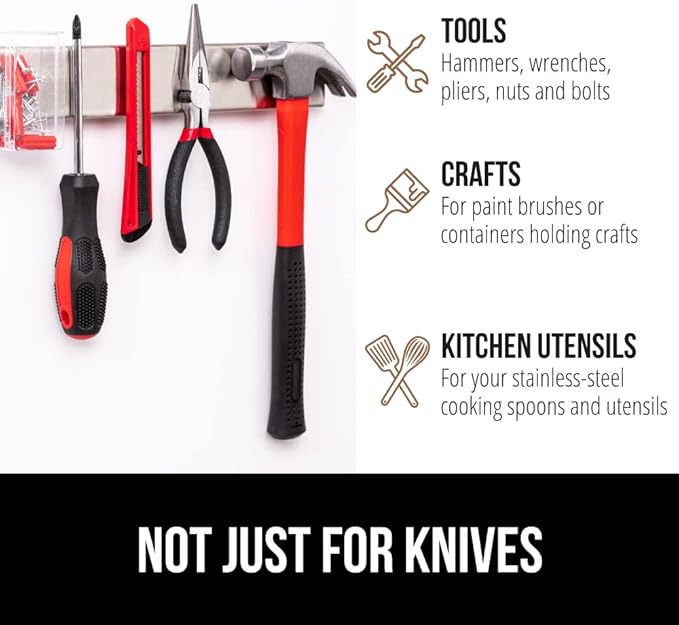 GORILLA GRIP Stainless Steel Magnetic Knife Holder for Wall, 24 Inch, Multi-Purpose Magnet Bar for Knives, Tools, Art Supplies, Heavy Duty Strip Holds Up to 6 lbs, Kitchen Organizer, Drilling Required
