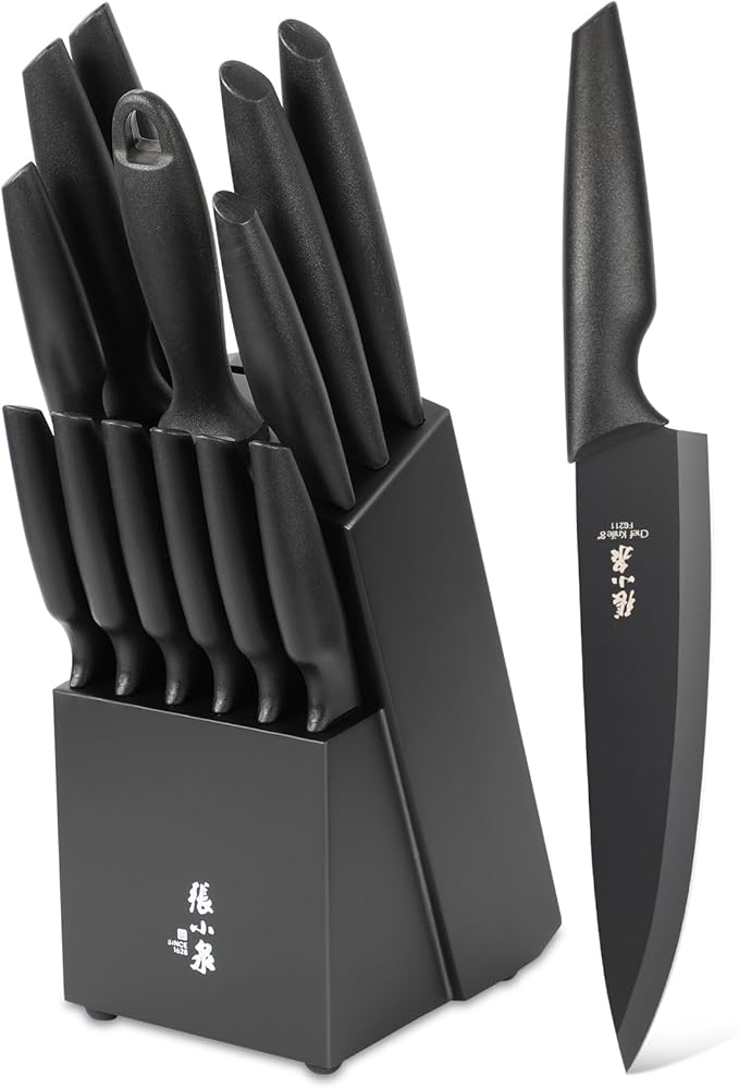 Zhang Xiao Quan Since 1628 15-Piece Kitchen Knife Block Set with Sharpening Steel Knive Set Ergonomic Handle (Black)