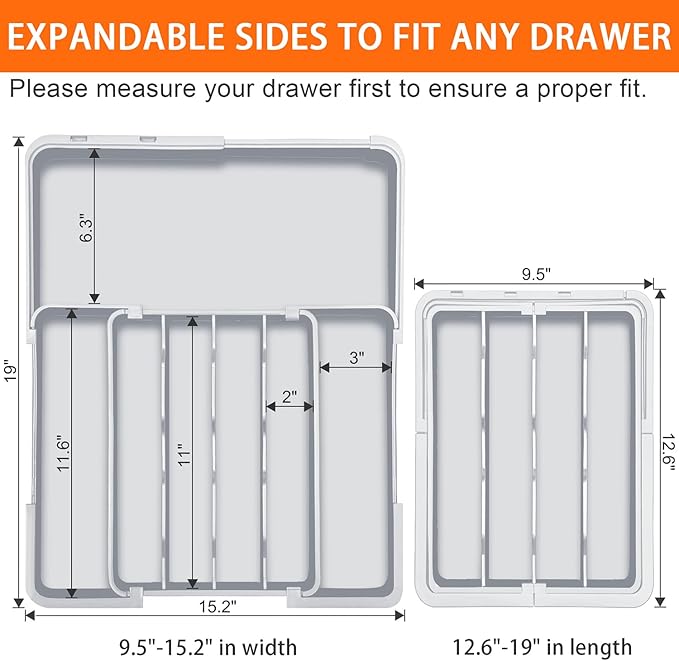 Expandable Silverware Drawer Organizer BPA Free Cutlery Organizer Small Utensil Organizer for Kitchen Drawers Adjustable Spoons Forks Knives Storage Drawer Divider, Gray