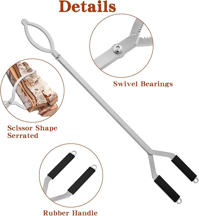 28" Stainless Steel Fire Log Tongs Firewood Grabber and Fire Poker Set,Large Fire Pit Tool Outdoor/Indoor Bonfire Campfire Backyard Deck Camping Log Grabber Safely Moves Firewood