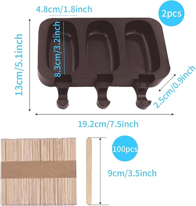 Popsicle Molds Set of 2, Ice Pop Molds Silicone, 3 Cavities Ice Cream Oval Cake Pop Mold with 100 Wooden Sticks for DIY Popsicle, Cake (Brown)