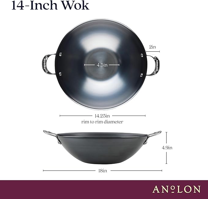 Anolon Everlast N2 Carbon Steel Wok/Stir-Fry Pan, Compatible with All Cooktops, Metal Utensil Safe, 14 Inch - Black