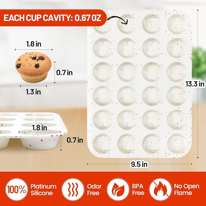 CAKETIME Silicone Mini Muffin Pan, 24 Cups Nonstick Mini Cupcake Pan for Baking Muffin, Cupcake, Egg Bites, Fat Bomb, 2 Pack Confetti