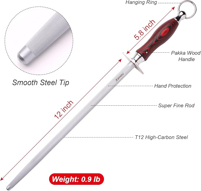 Azhou 12 Inch Superfine Honing Steel, HRC 65±1, T12 Carbon Steel with Sand Blasting, Knife Sharpening Kit with Wooden Handle, Professional Knife Sharpener