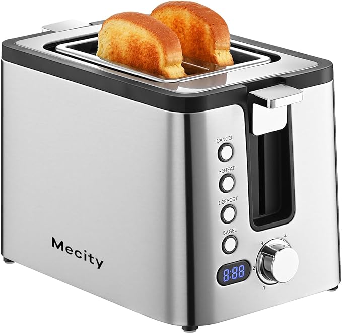 Mecity Toaster 2 Slice Stainless Steel Body, Timer, Bagel, Defrost, Reheat, Cancel Functions, Warming Rack, Removable Tray, 6 Browning Settings, Extra Wide Slots, Bread Toaster 800W
