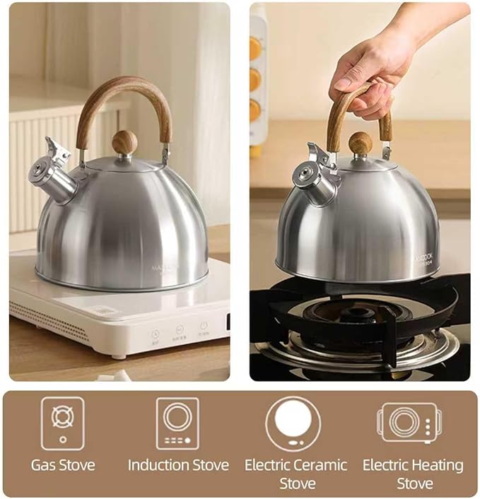 18/8 Stainless Steel Tea Kettle for Stovetop (5L / 5.29 Quart, Whistling Tea Pot, Wood Handle)-Silver