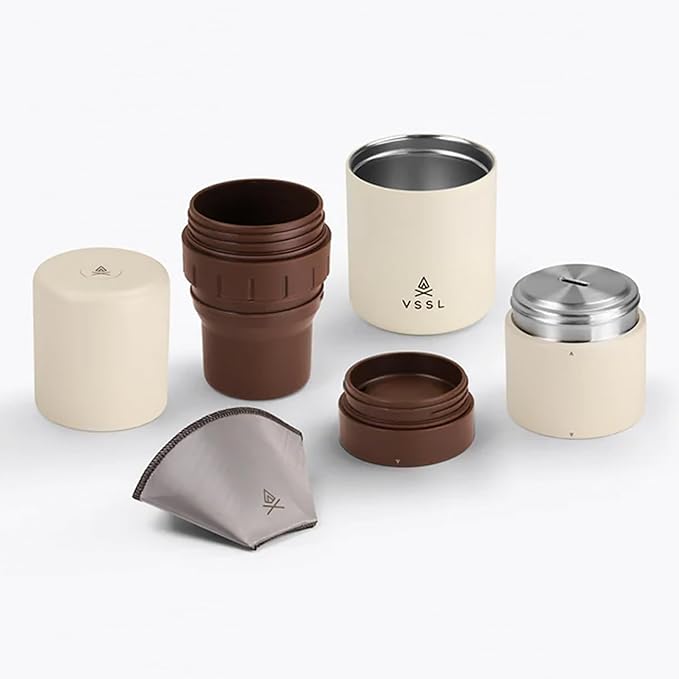 VSSL - Nest Pour Over Coffee Kit | Coffee Maker for Camping | All-In-One Travel Pour Over | Transportable Dripper, Two 10oz Stainless Steel Travel Mugs | Compact Storage & Adventure Ready | Cream