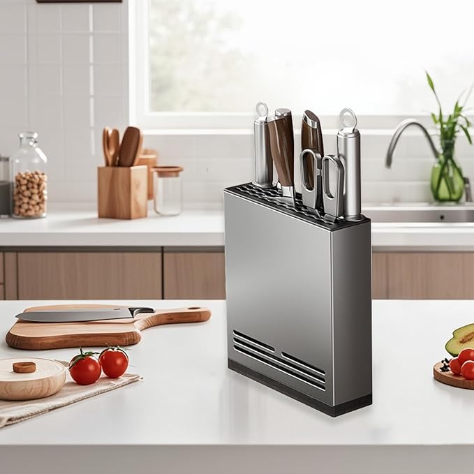Magnetic Universal Knife Block Holder, Magnetic Aluminum Knife Holder for Refrigerator with Slots for Scissors and Sharpening Rod Storage Stand Display Unique Slot Design to Protect Blade