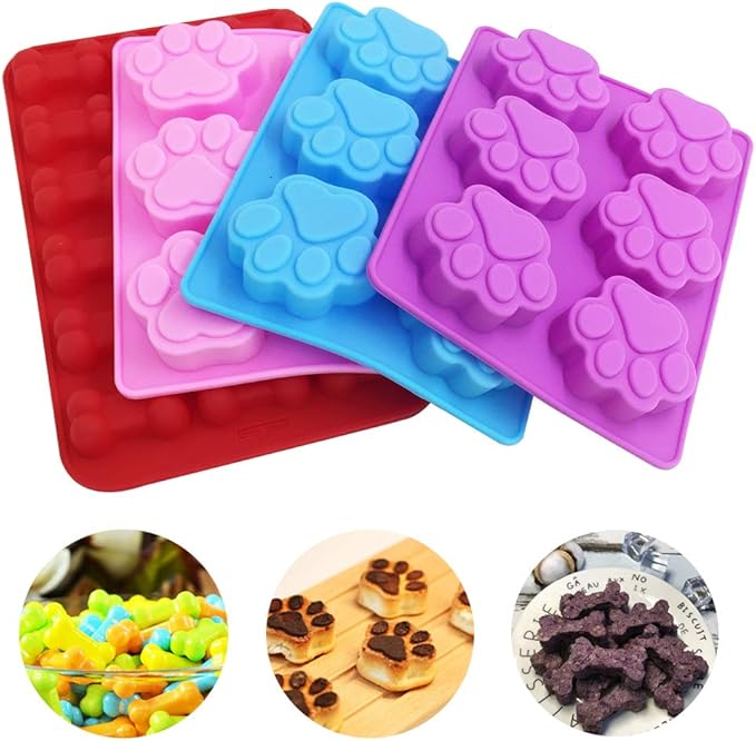 4 Pcs Silicone Candy Chocolate Molds, FineGood Puppy Dog Paw & Bone Shaped Ice Cube Trays Cookies Baking Pans for Making Frozen Dog Treats Soap Bars - Red, Blue, Purple, Pink