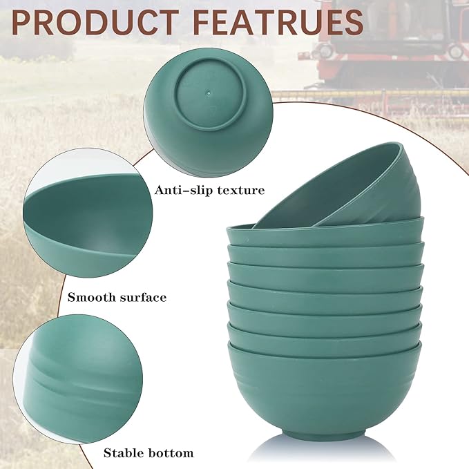 Homienly Wheat Straw Bowls, Cereal Bowls, Plastic Bowl Alternative, Set of 8, Unbreakable Microwave Safe Bowls for Soup, Salad, Dinner, Cereal, Snack, Dishwasher Safe for Kitchen, Party (Green, 26 OZ)