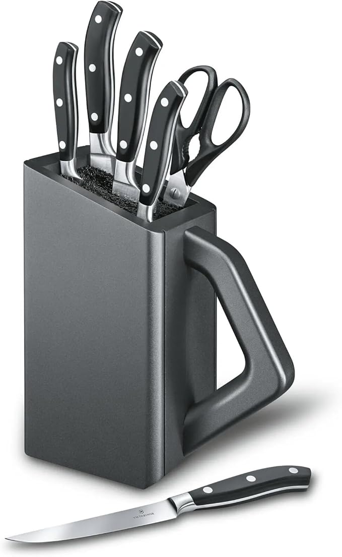 Victorinox Grand Maitre Cutlery Block - Modern Block with Knives - Includes Kitchen Scissors, Chef's Knife, Santoku & More - Black Handles, 6-Piece Set