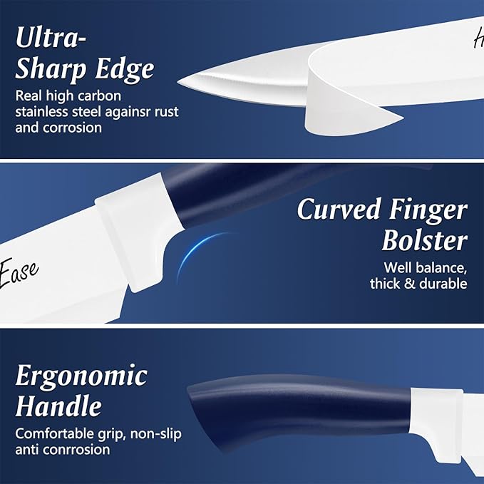 Kitchen Knife Set with Block and Build-In Sharpener,14-Piece German High Carbon Stainless Steel Knives Sharp Blade, Dishwasher Safe (14pcs-blue with white ceramic coating)
