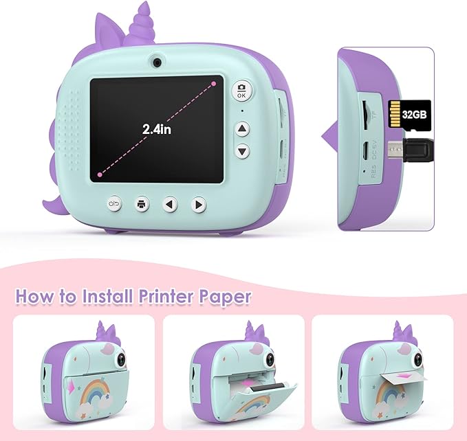 Kids Camera Instant Print, Selfie Digital Camara for Kids with Print Paper & 32G Card, 2.5K Video & Instant Print Camera with Color Pens for DIY, Fun Gift for Girls Boys 3-12 Years Old (Green)