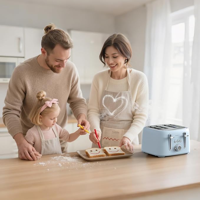 LONGDEEM 4-Slice Toaster 1.5" Extra Wide Slot Stainless Steel with High Lift Lever, 6 Presets & Bagel/Defrost/Cancel Function, Removal Crumb Tray, Under Base Cord Storage, Blue