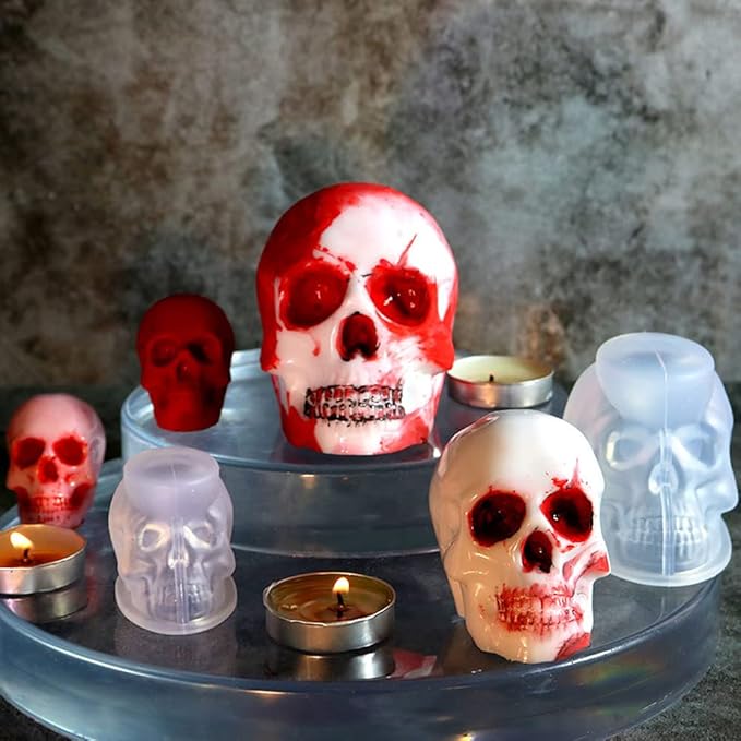 RESINWORLD Set of Large + Medium + Small 3D Skull Resin Molds, Flexible Clear Silicone Skull Head Molds, Silicone Molds for Resin, Soap, Clay, Candle Wax Casting, Halloween Home Decoration