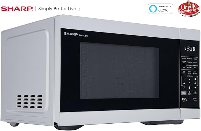 SHARP Countertop Microwave Oven Compatible with Alexa Orville Redenbacher's Certified with Removable 12.4" Carousel Turntable, 1000 Watt, 1.1 Cubic Feet, Stainless Steel