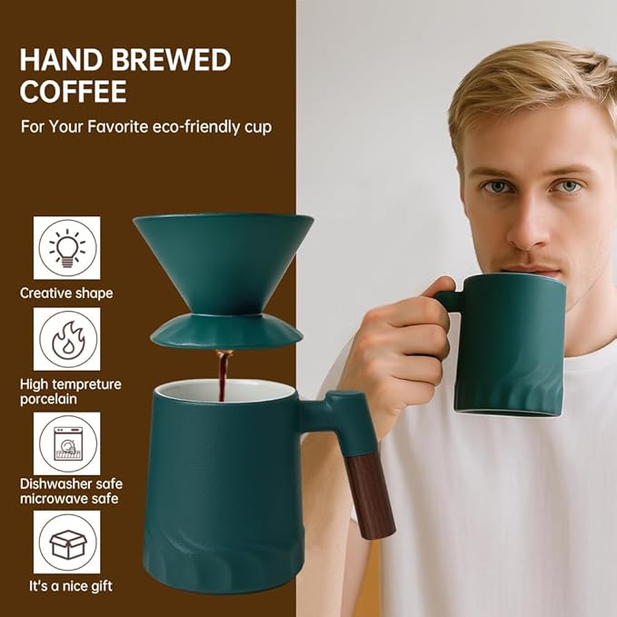 Pour Over Coffee Maker Set, Ceramic Pour Over Coffee Dripper 15.5oz/450 ml with 25 Pcs V60 Paper Filter, Coffee Pour Over Set for Camping, Green
