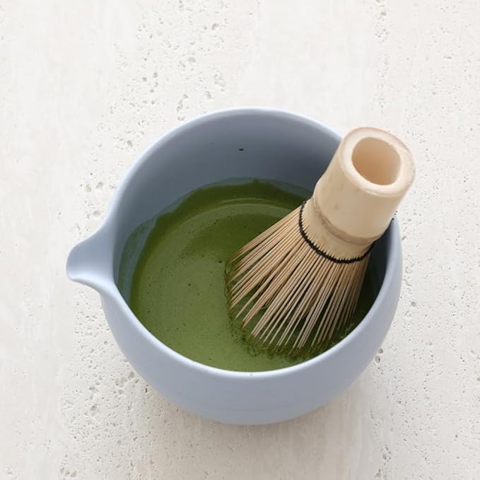 Matcha Whisk Set, Ceramic Matcha Bowl & Whisk Holder, Bamboo Accessory, Modern Design (Soft Haze Blue, Pouring Spout)