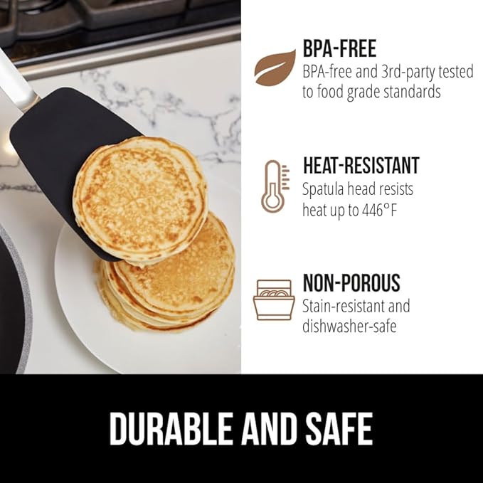 GORILLA GRIP Patented BPA-Free Non-Scratch Spatula, Heat Resistant Silicone Head for Nonstick Cooking Pans, Soft Rubber Handle, Kitchen Spatulas for Flipping, Holiday Prep Essentials, 11.6 in, Black