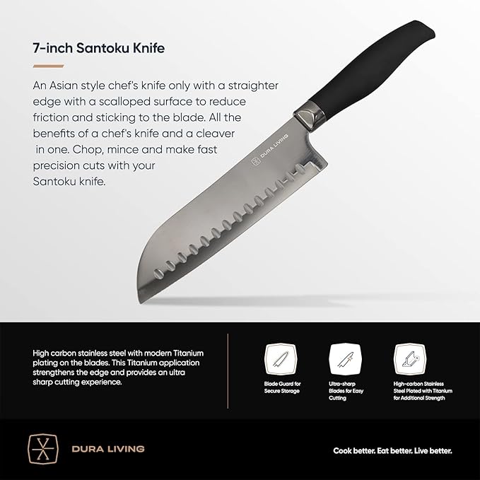DURA LIVING Santoku Knife - 7 Inch Black Nonstick Titanium Plated Stainless Steel Ultra Sharp Blade, With Ergonomic Comfort Grip Handle Asian Chef's Knife, With Matching Sheath