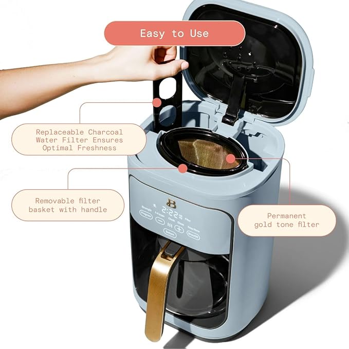 Beautiful 14 Cup Programmable Coffee Maker, Touch Display, 1200W, Brew Strength Control, Keep Warm, Pause & Serve, Glass Carafe, Reusable Filter, Auto Shut-Off, Matte Finish (Cornflower Blue)