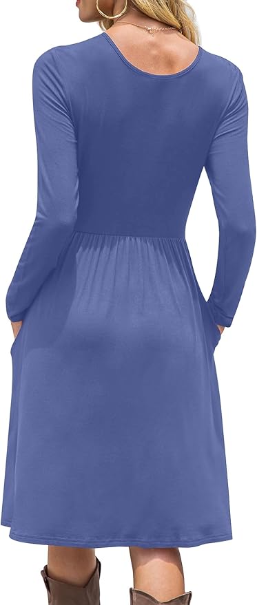 DB MOON Women Casual Long Sleeve Dresses Empire Waist Knee Length Loose Dress with Pockets