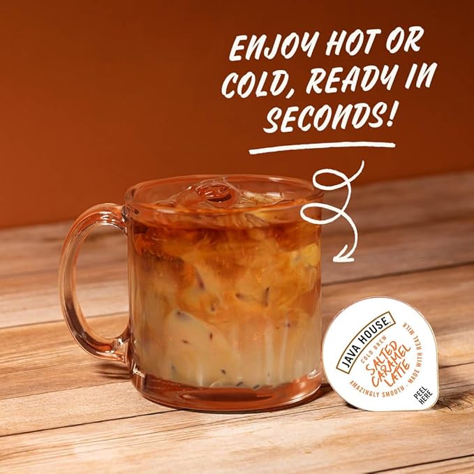 JAVA HOUSE Salted Caramel Latte Cold Brew Coffee Pods, (12 Count) Peel and Pour Pods Hot or Iced