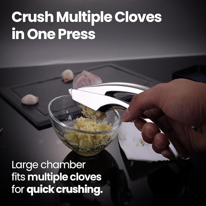 No Peeling Required Garlic Press Stainless Steel with Detachable Handle for Fine Mincing - Premium Garlic Mincer Tool, Rust-Proof, Easy to Clean, Dishwasher Safe Garlic Crusher with 5-Year Warranty