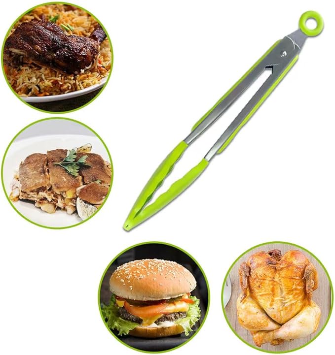 2-Pack of 9" (Small) & 12" (Large) Kitchen Tongs Set: Non-Stick Silicone-Stainless Steel Cooking Tongs, BPA Free, Heat Resistant (480°F) - Non-Slip Grip & Locking Metal Food Tongs (Green)