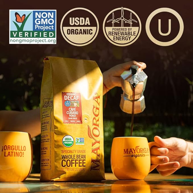 Mayorga Decaf Coffee 2lb Bag Dark Roast Organic Swiss Water Decaffeinated Cubano Roast Coffee - 100% Arabica Whole Coffee Beans - Smoothest Organic CoffeeSpecialty Grade, Non-GMO, Direct Trade