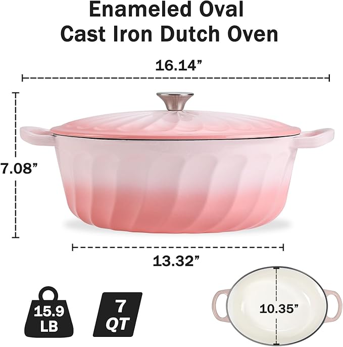 Enameled Oval Dutch Oven Pot with Lid, 7 QT Cast Iron Dutch Oven with Dual Handles for Cooking, Bread Baking, Frying, Non-stick Enamel Coated Oven (7 QT Gradient Pink)