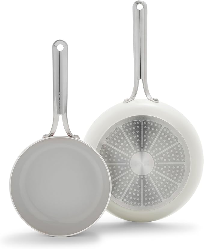 GreenPan Nova 8” & 10” 2 Piece Frying Pan Skillet Set, Oprah’s Favorite Things 2024, Induction Suitable PFAS-Free Nontoxic Ceramic Nonstick, Dishwasher & Oven Safe, Quick Even Heating, Cream White